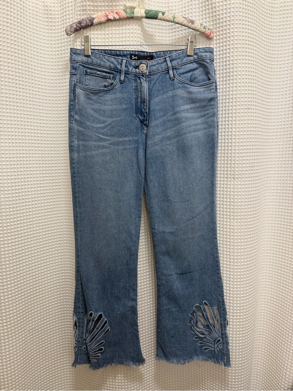 3x1 NYC Freja Light Blue Cropped Flare Jeans with Floral Cutout - Size 28